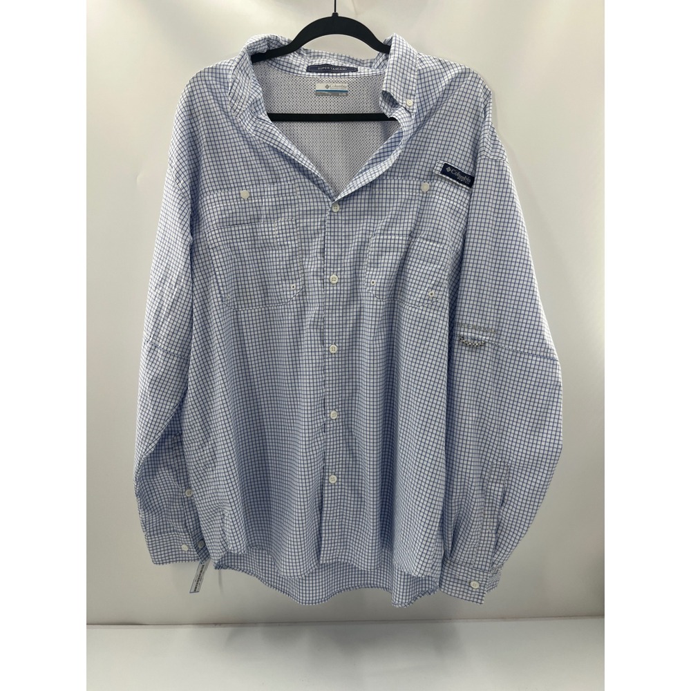 Columbia Super Tamiami Fishing Shirt Mens XL Blue White Plaid Long Sleeve PFG